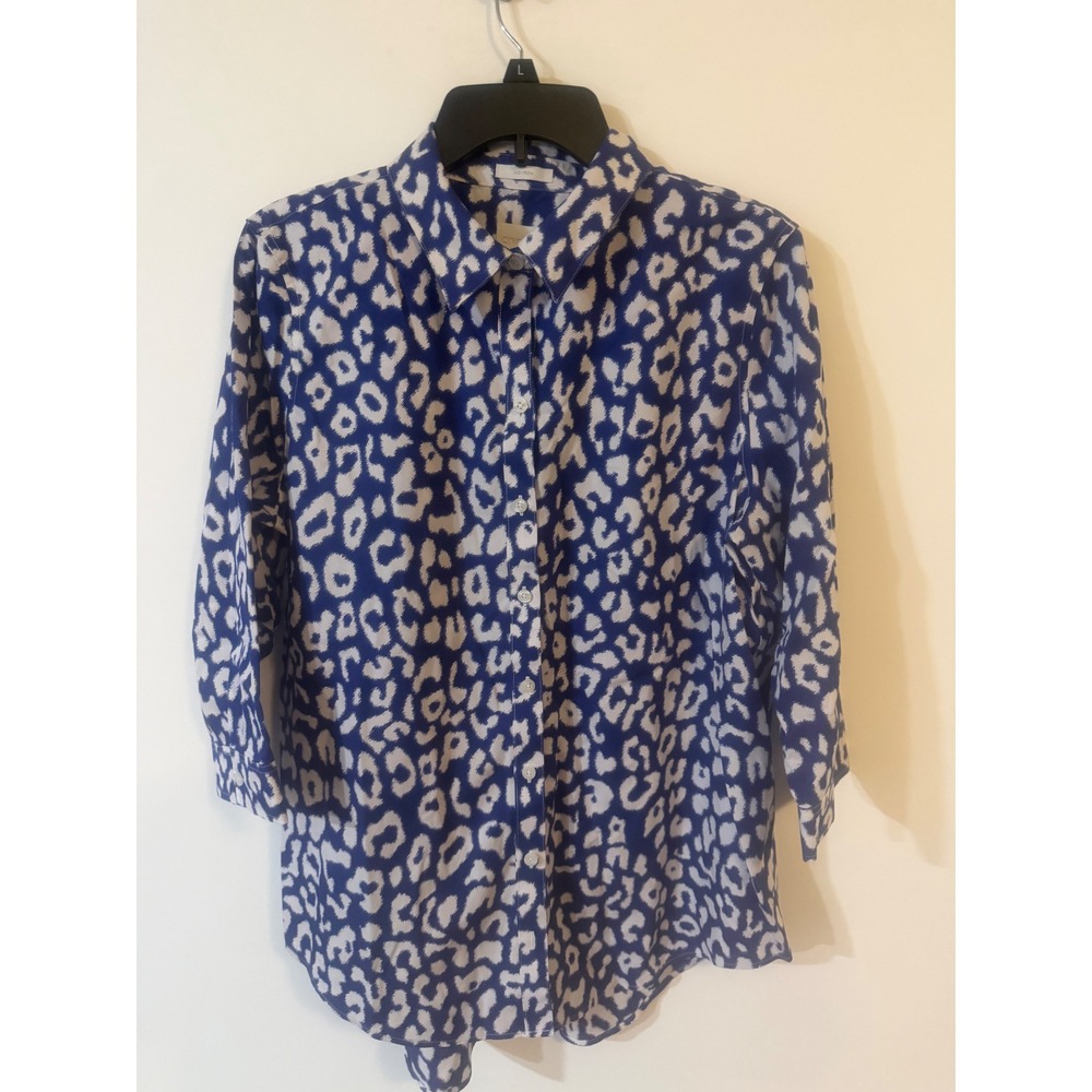 Chicos No-Iron Blue White Ikat Animal Print Button Down Shirt Blouse Size 2 L